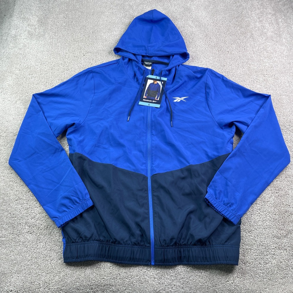 NEW Reebok Jacket Mens Large Blue Colorblock Full Zip Training Woven Windbreaker
